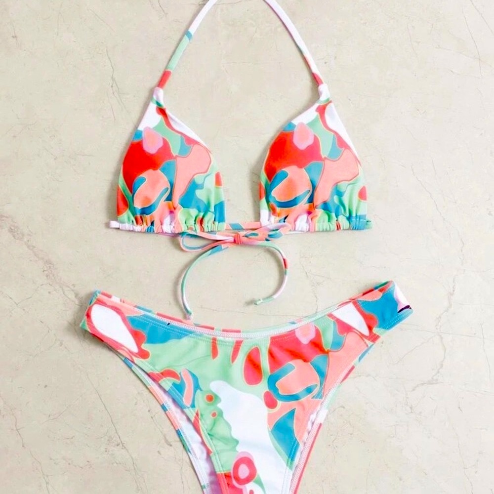 Shein Color Block Ruched Bikini Swimsuit • Multicolor